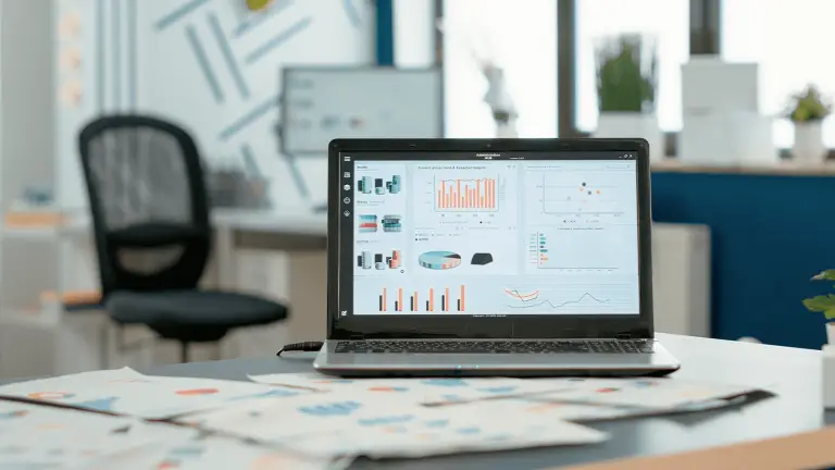 Ein Laptop auf einem Schreibtisch zeigt das JTL-ERP-System mit Dashboards und Analysegrafiken, im Hintergrund sind Büromöbel zu sehen